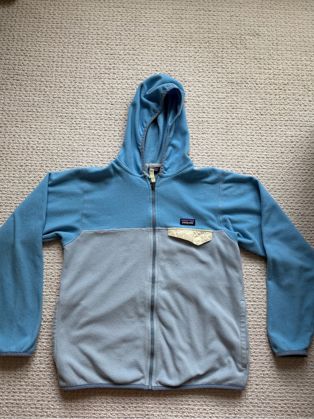 Patagonia Kids Micro D Snap Sky Blue Fleece Hoodie in XL (size 14)